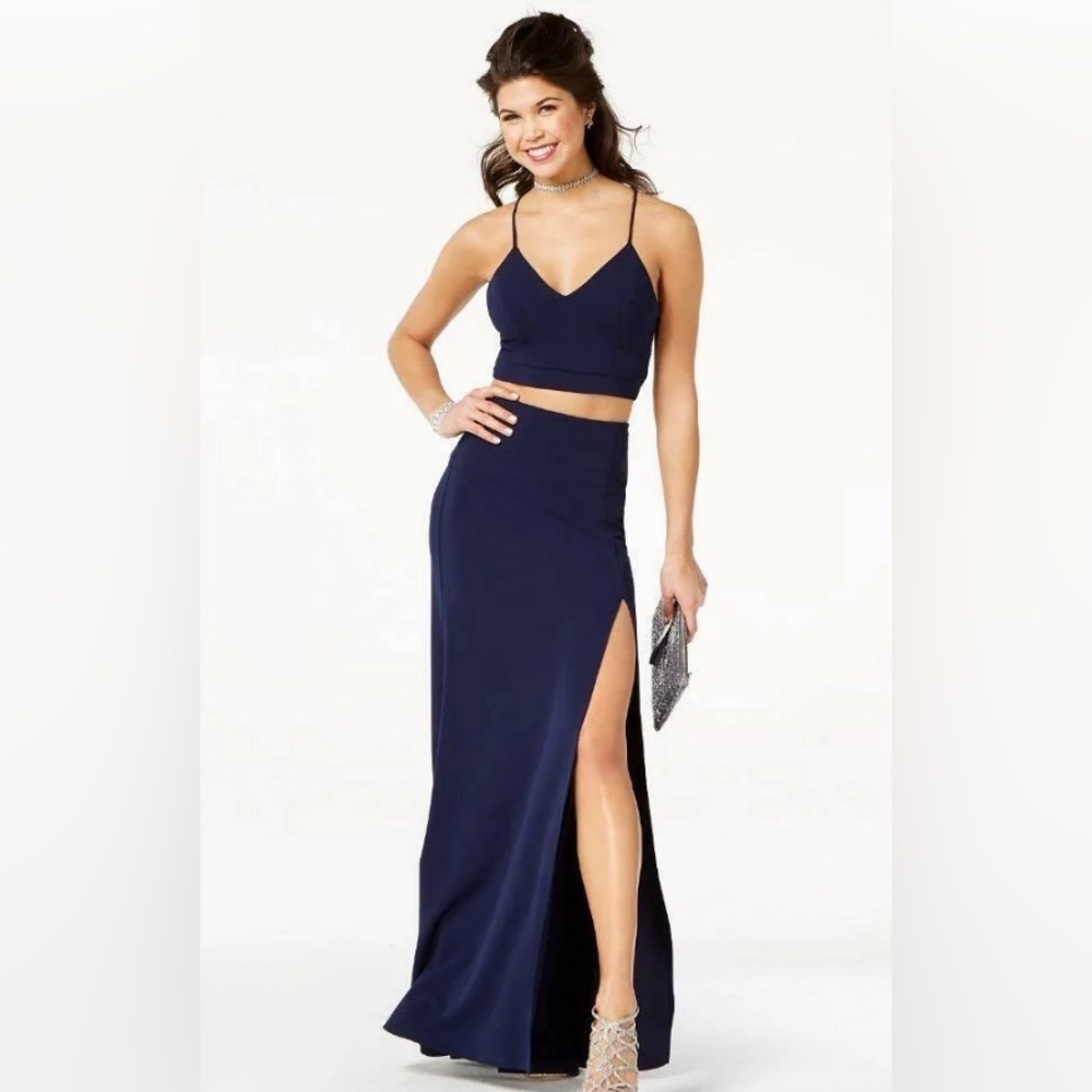 B Darlin Navy Two Piece Halter Long Skirt Slit Lace Size 1/2 Dress Prom